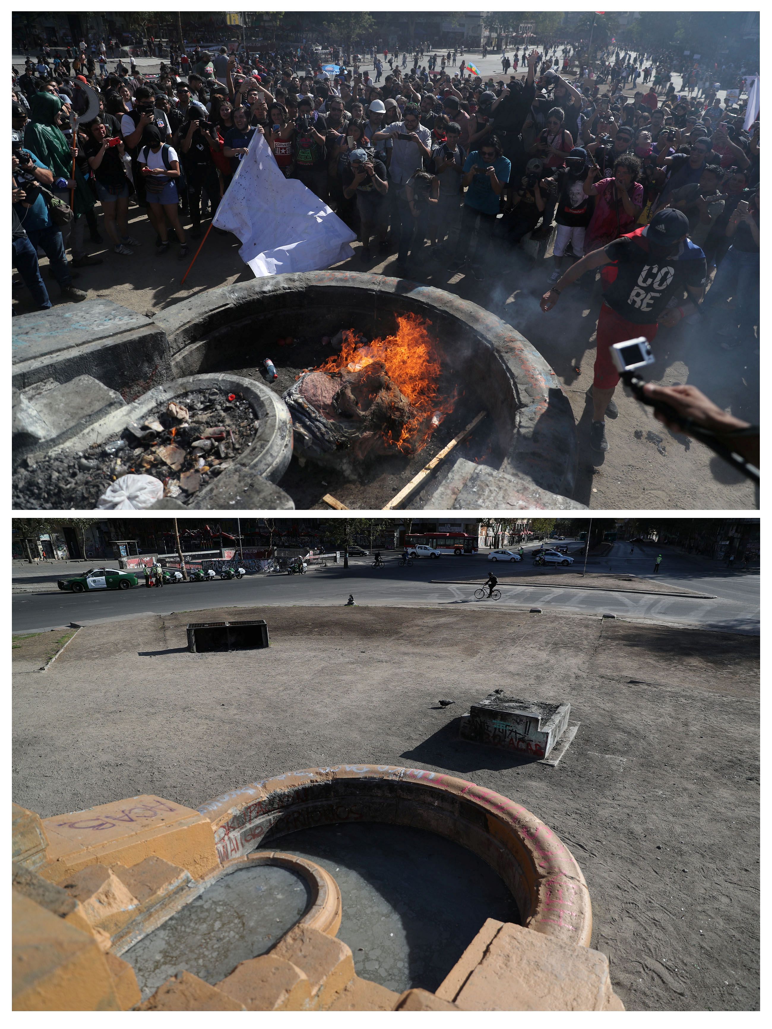 A combination photo shows demonstrators setting fire to a dummy representing President Sebastian Pinera during a protest against Chile's government at Plaza Italia in Santiago, Chile, in this December 13, 2019 file photo, and (bottom) a view of an almost empty Plaza Italia, now known as Plaza de la Dignidad (Dignity square), following the outbreak of the coronavirus disease (COVID-19). (Credit: Reuters)