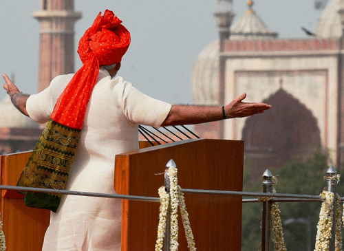 Prime Minister Narendra Modi addresses the nation from Red Fort on the 68th Independence Day in New Delhi on Friday.PTI Photo