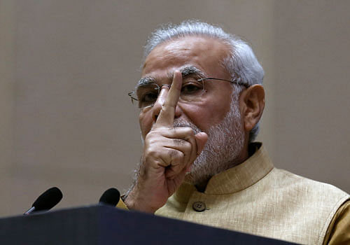 Prime Minister Narendra Modi launching the logo of 'Make in India Mission' at Vigyan Bhavan in New Delhi on Thursday. Reuters Image