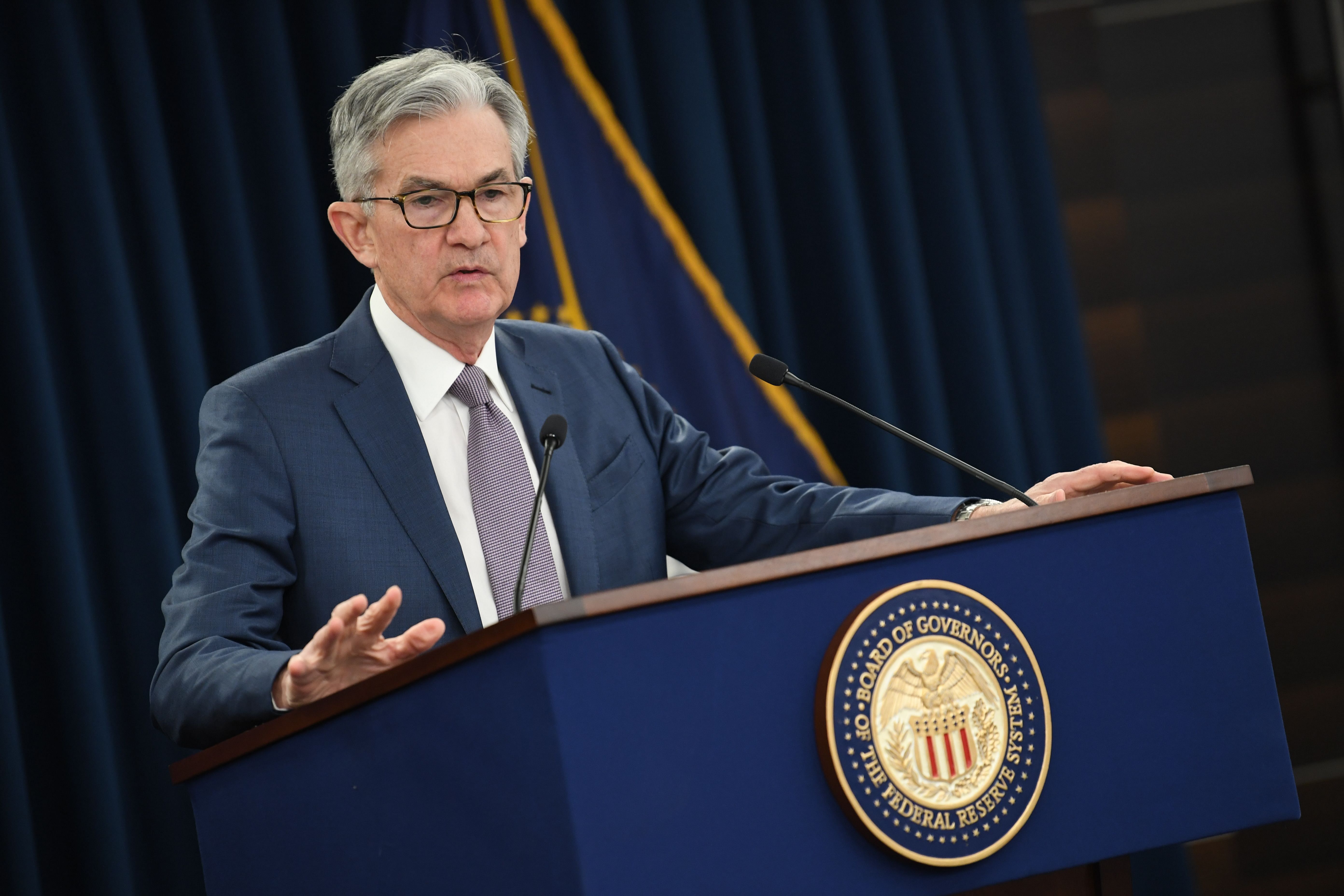 US Federal reserve Chairman Jerome Powell gives a press briefing. (Credit: AP file photo)