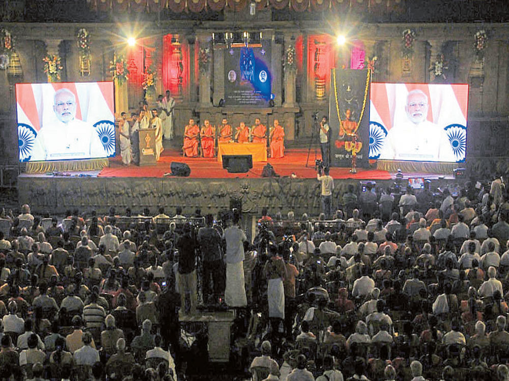 Prime Minister Narendra Modi addresses the 700th Madhwa jayanthi celebrations at Rajangana in Udupi on Sunday, through video conferencing.
