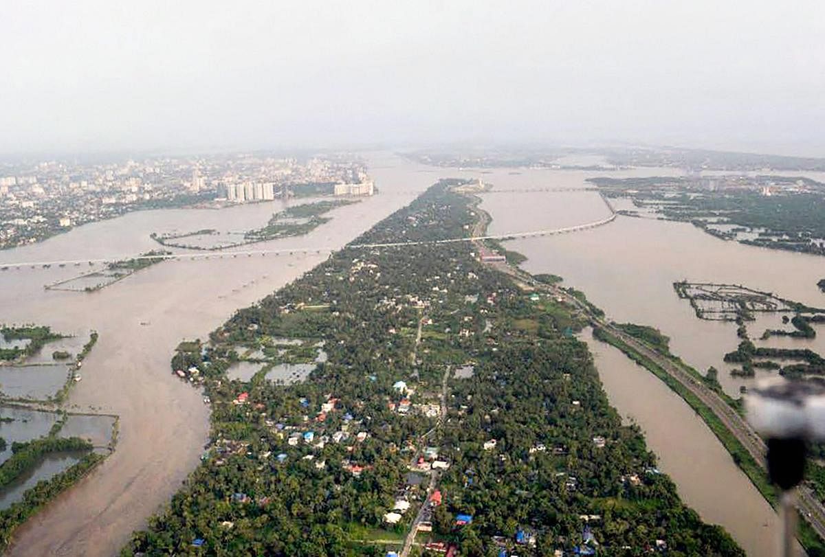 An aeriel view of the floods in Aluva after heavy rains, in Kerala on Friday. PTI photo 