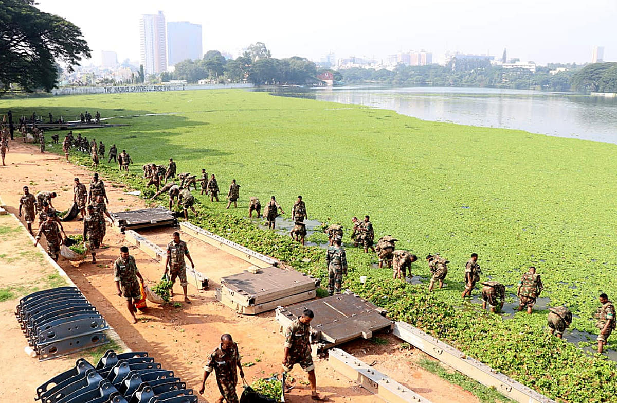 MEG regiment soldiers cleaning the Halasuru Lake on Wednesday.