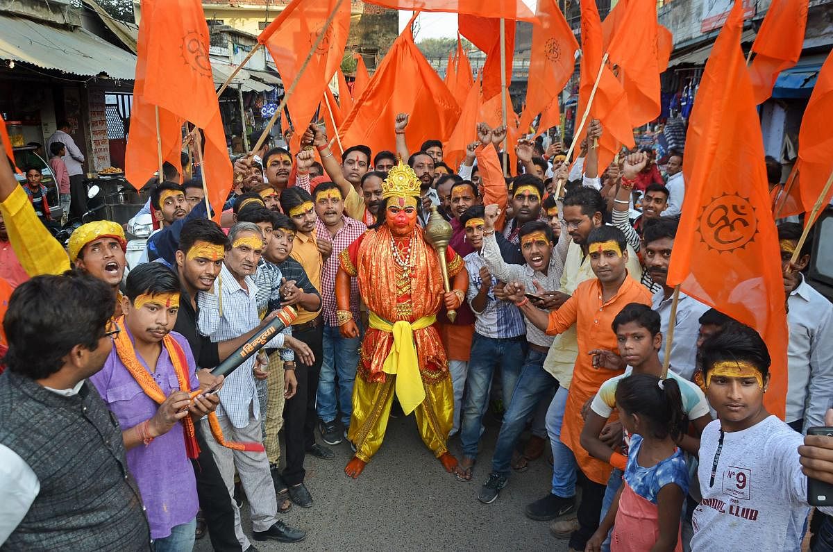 VHP activists participate in a procession rally to make a call for their November 25 Vishal Dharm Sabha in Ayodhya, in Mirzapur on November 20. PTI