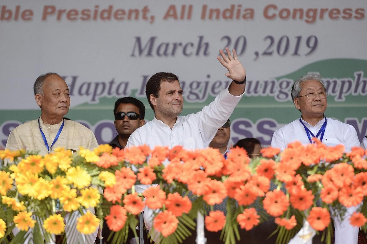 Congress President Rahul Gandhi at a public meeting, in Imphal, Wednesday. PTI photo