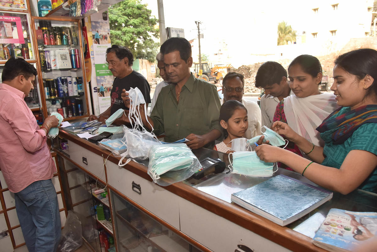 While masks and sanitisers are back in stock at most pharmacies, many are selling less-known brands.   DH Photos by B K Janardhan 