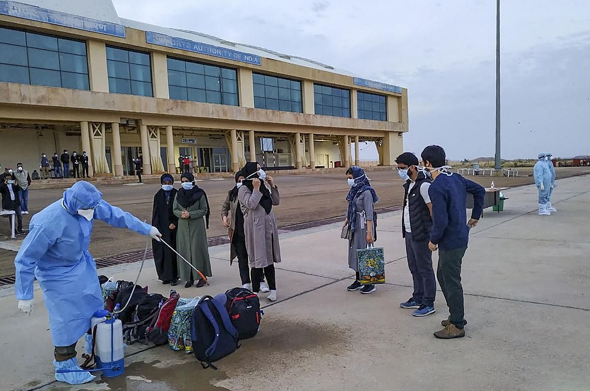 A batch of Indian nationals evacuated from Iran reach Indian Army Wellness Facility at Jaisalmer Mil Station for their mandatory quarantine period in the wake of coronavirus pandemic. (PTI Photo)
