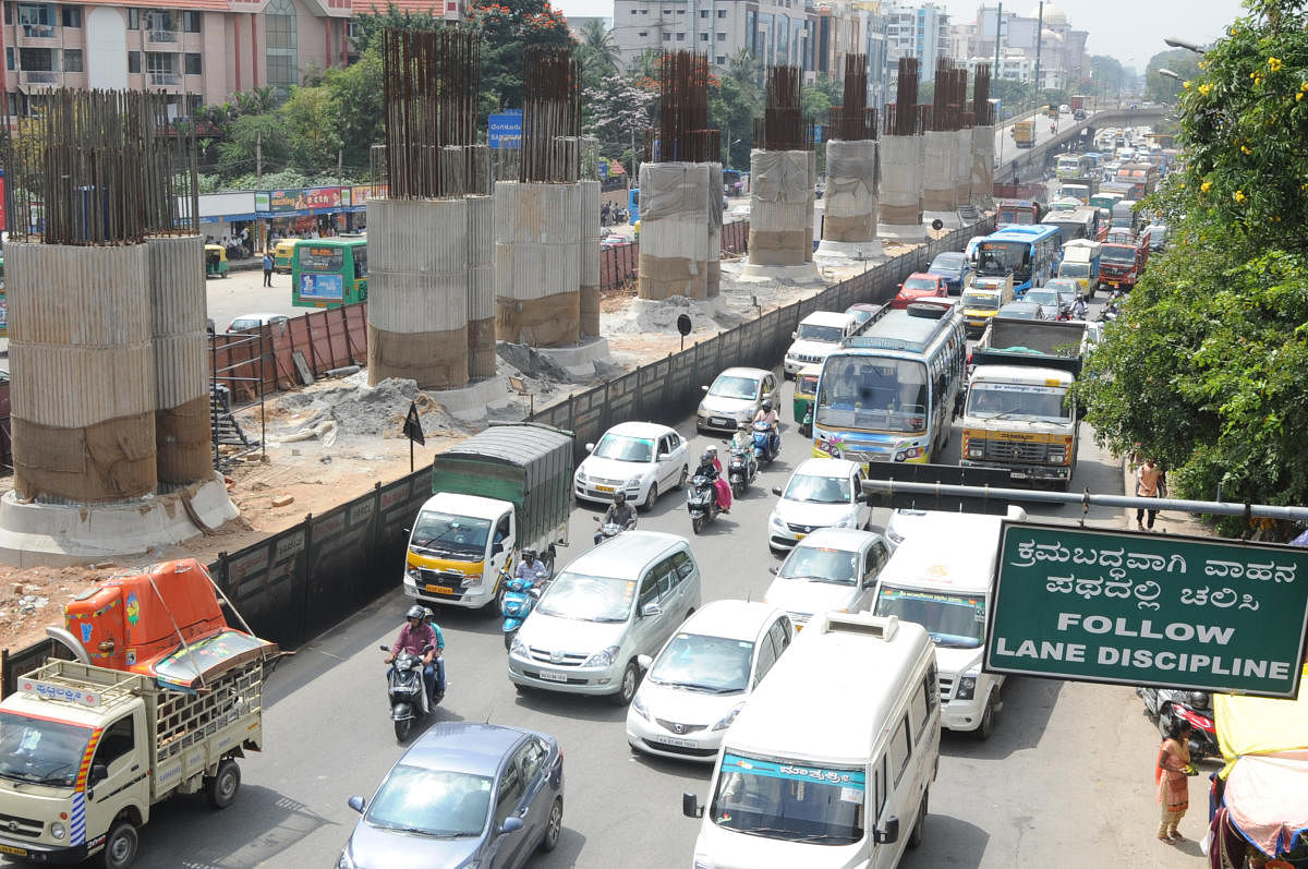 Metro pillers on K R Puram junction in Bengaluru. Photo Srikanta Sharma R.