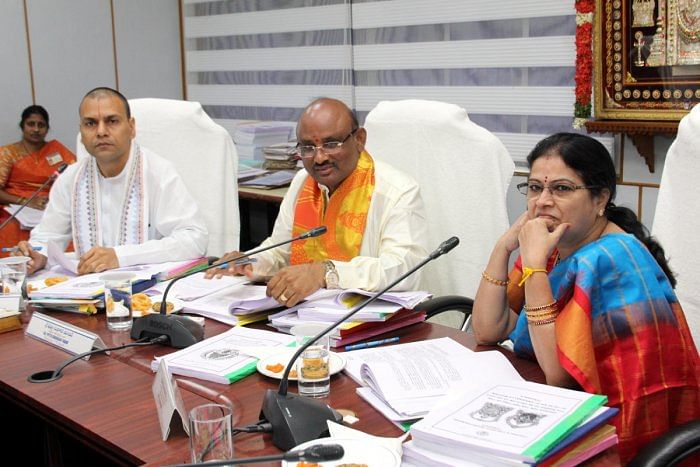 DH File photo of TTD Board Meeting with EO Anil Kumar Singhal (left) and Chairman Putta Sudhakar Yadav (middle) 