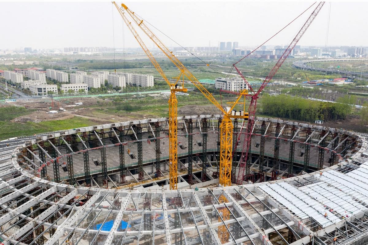 This aerial photo taken on April 22, 2020 shows the construction site of Chinese Super League (CSL) side Shanghai SIPG's new stadium in Shanghai. AFP