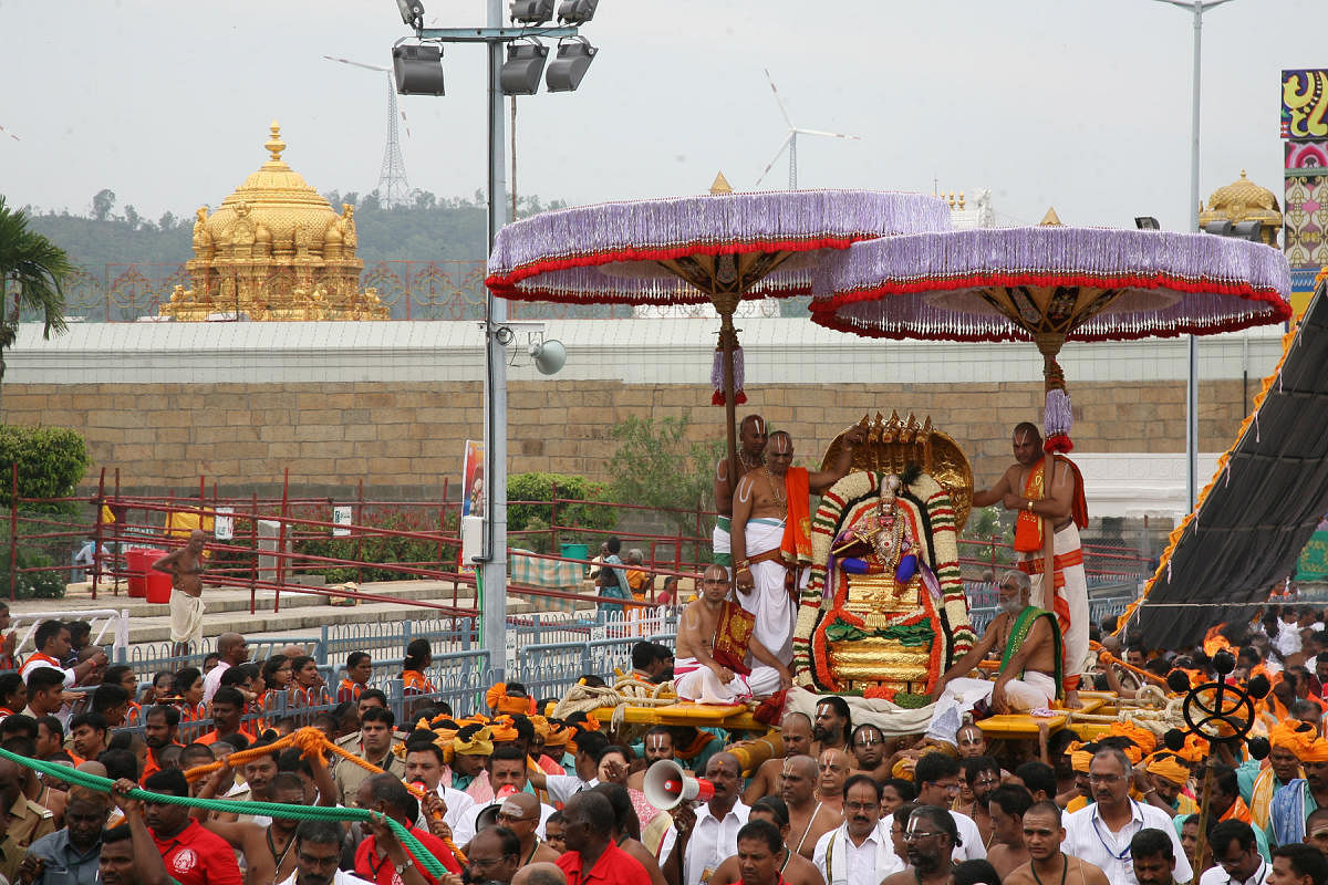 Lord Malayapa Rides on Chinna Seshavahanam on Sunday as part of nine-day Brahmotsavams in Tirumala.