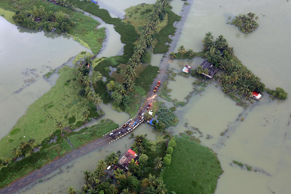 An aerial view shows partially submerged road at a flooded area in Kerala. Reuters file photo
