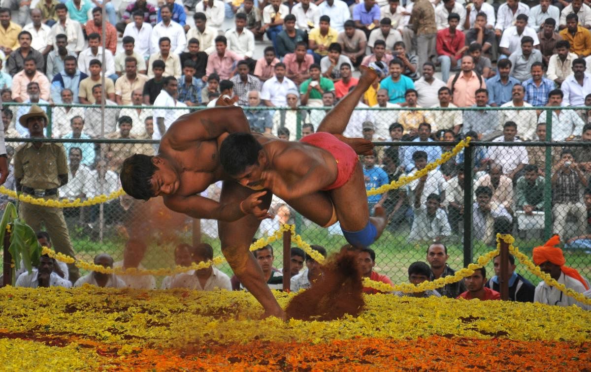  Wrestlers in action at the Mysuru Dasara wrestling competition. Dh photos