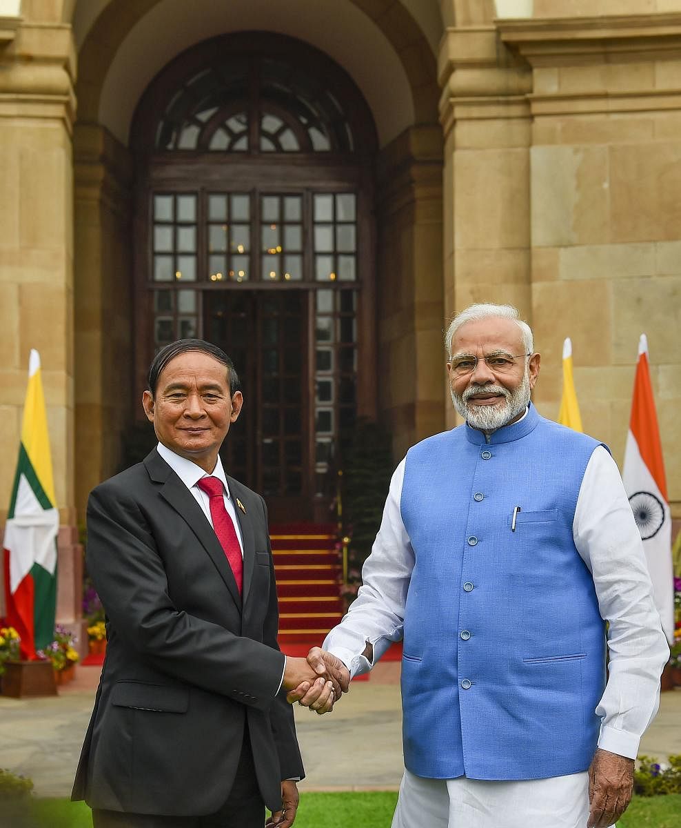 Myanmarese President U Win Myint meets Prime Minister Narendra Modi (PTI Photo)