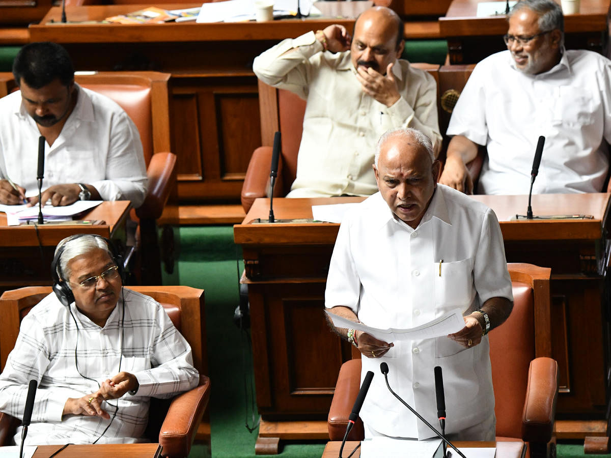 Chief Minister B S Yediyurappa speaks in the Legislative Assembly on Monday. Deputy Chief Minister Govind Karjol, Primary and Secondary Education Minister S Suresh Kumar and Home Minister Basavaraj Bommai are seen.