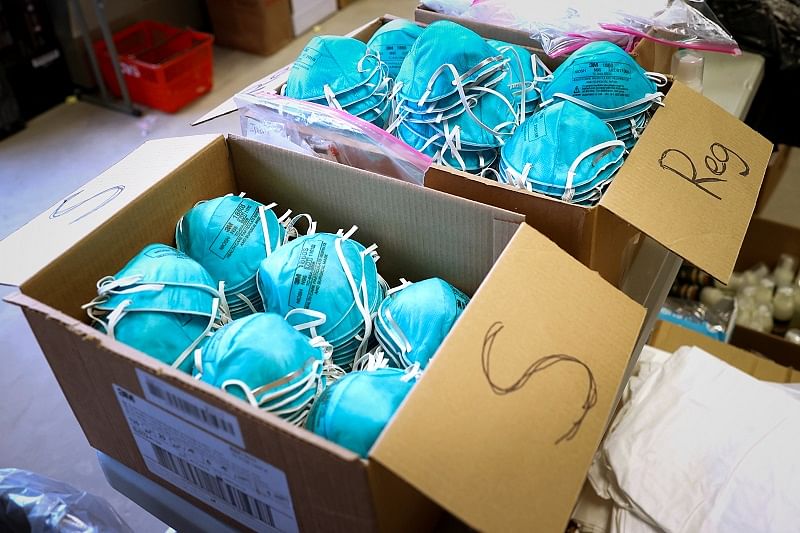 Boxes of N95 protective masks for use by medical field personnel are seen at a New York State emergency operations incident command center during the coronavirus outbreak. (Reuters Photo)
