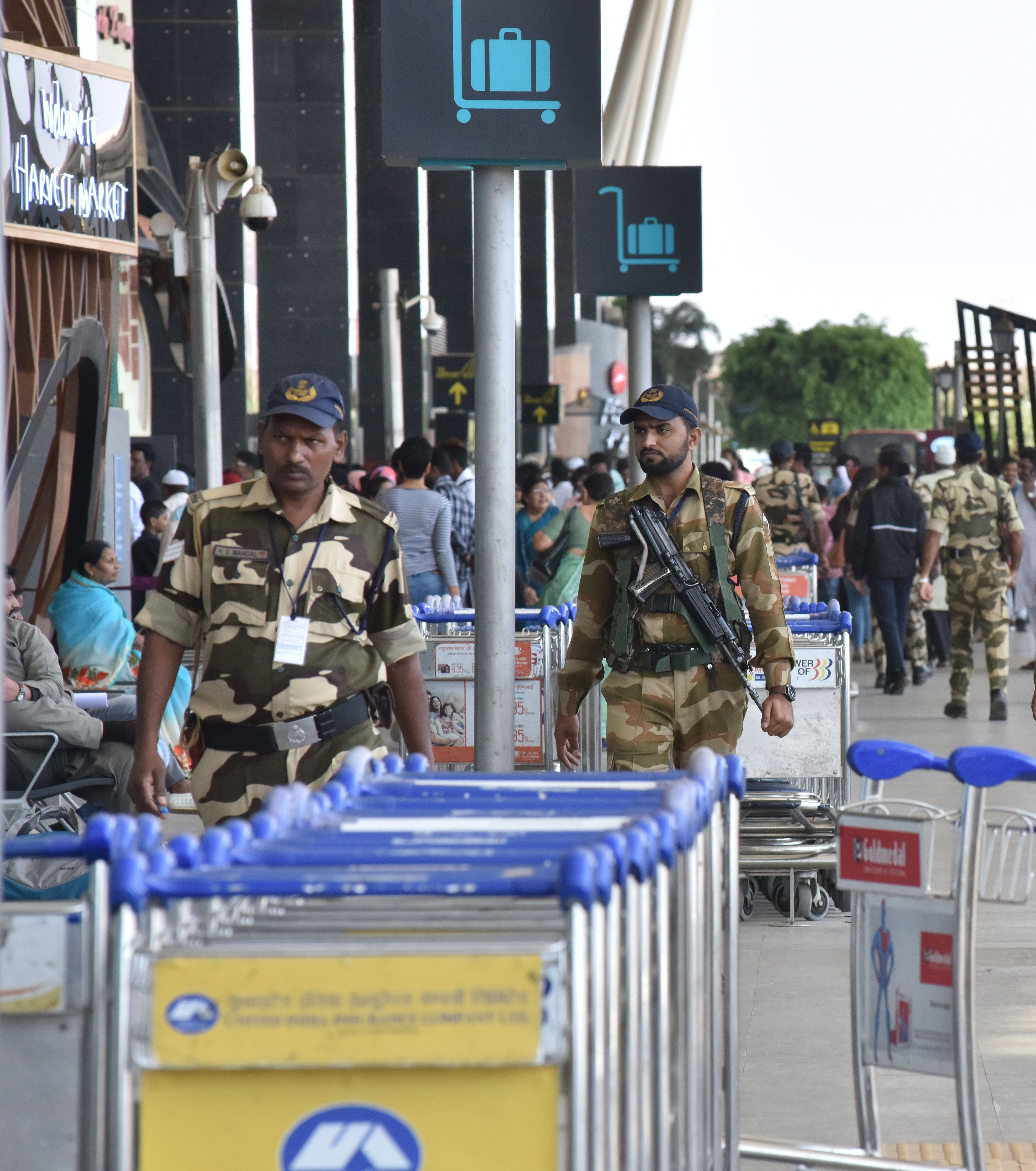 The Central Industrial Security Force gives tight security at Kempegowda International Airport. (DH Photo)