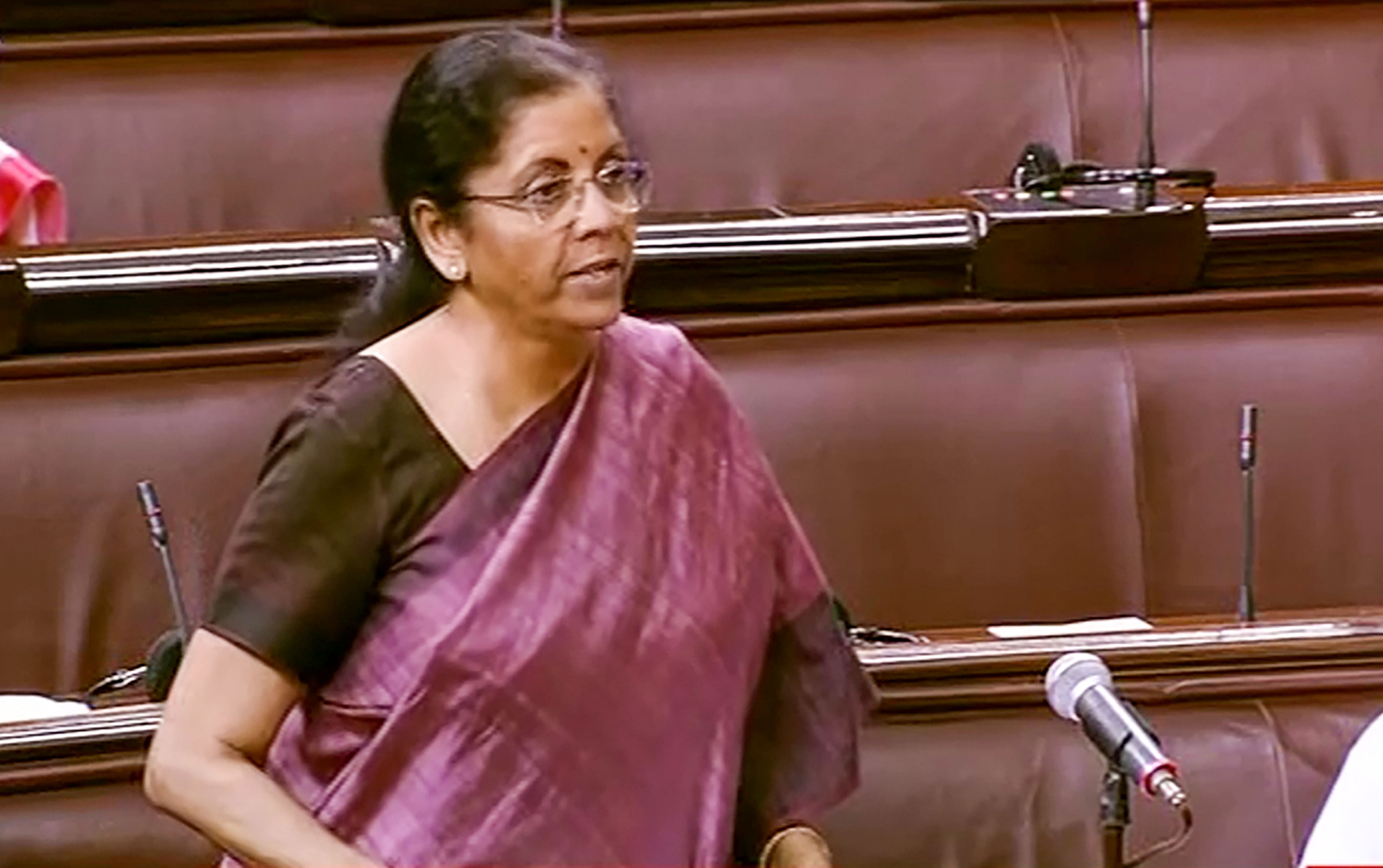Finance Minister Nirmala Sitharaman speaks in Rajya Sabha Sabha during the ongoing budget session of Parliament. (PTI Photo)