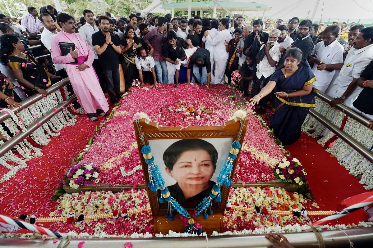 People paying their respects to the late AIADMK supremo and former Chief Minister J Jayalalithaa on her first death anniversary at her memorial near shores of Marina in Chennai. (PTI File Photo)