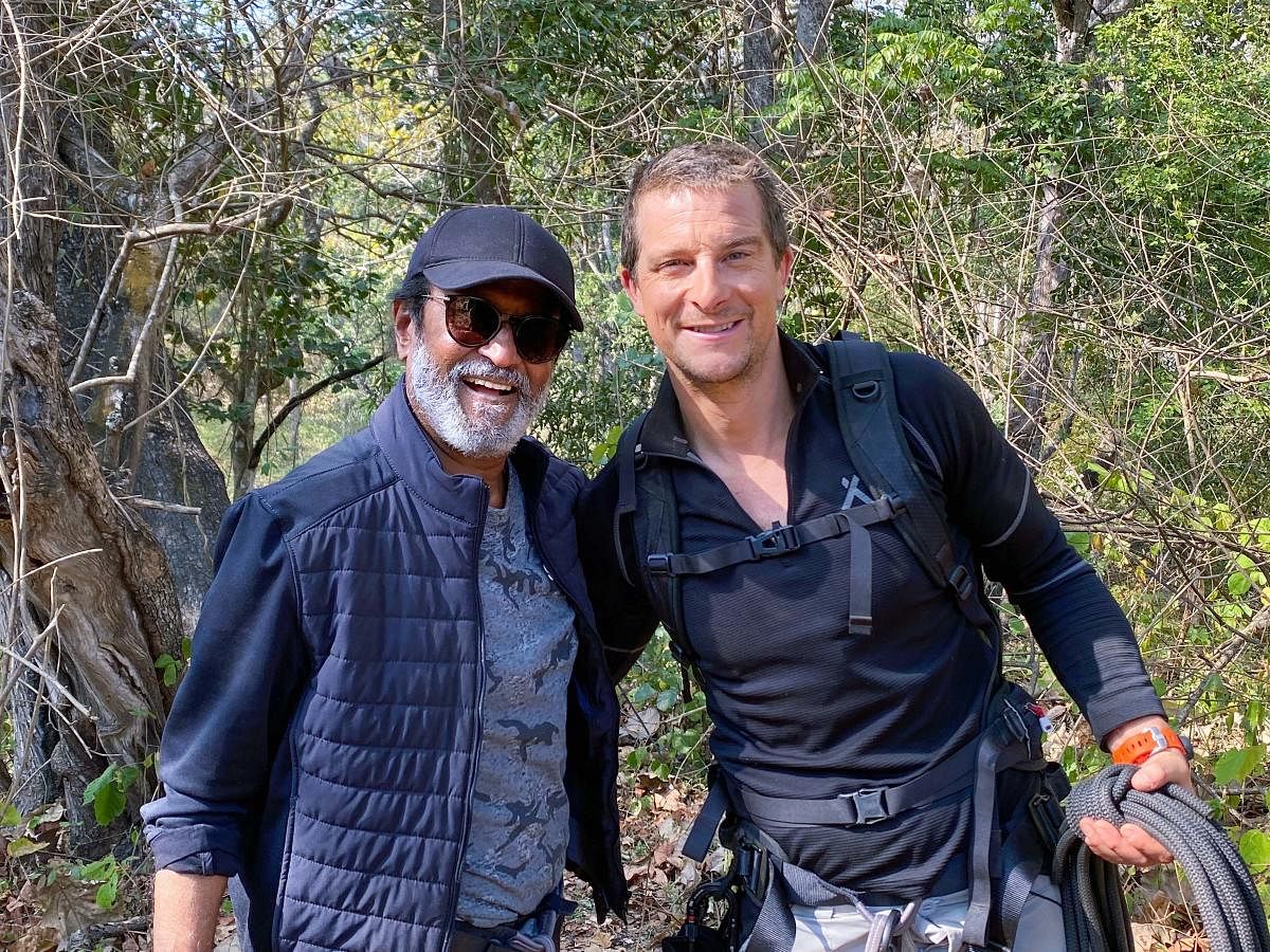 Superstar Rajinikanth with Bear Grylls. Discovery has signed the actor for the first episode of the new format series ‘Into The Wild with Bear Grylls’. Rajinikanth is the second Indian, after prime minister Narendra Modi to feature in Bear Grylls' iconic show, Man vs Wild. (PTI Photo)