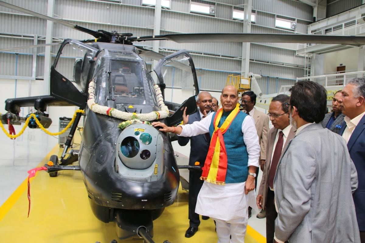 Defence Minister Rajnath Singh opens a new assembly line for the Light Combat Helicopter at HAL's Helicopter Complex in Bengaluru on Thursday. DH PHOTO