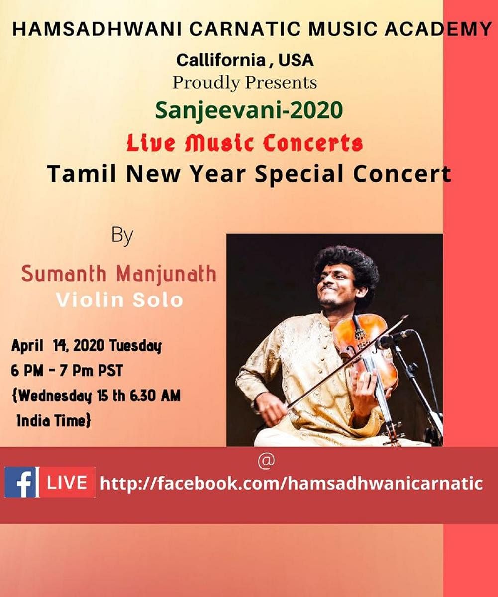 A poster of the FB live violin concert of Sumanth Manjunath to mark Tamil New Year.