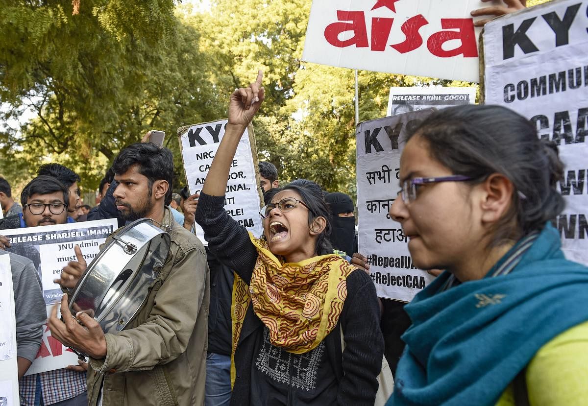 ll India Students Association (AISA) students protest against Citizenship (Amendment) Act and National Register of Citizens (NRC), at Jantar Mantar in New Delhi, Monday, Feb. 17, 2020. (PTI Photo)