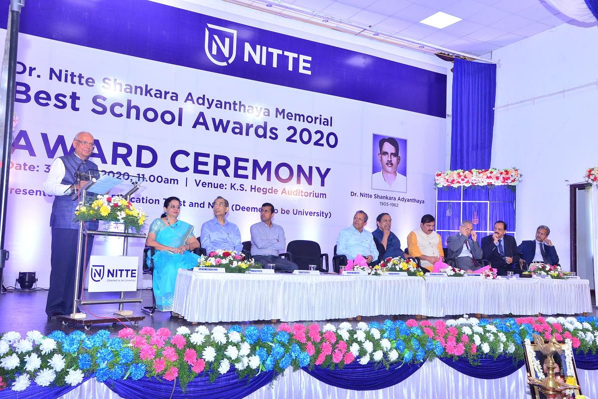 MAHE Pro Chancellor Dr H S Ballal speaks during the Dr Nitte Shankara Adyanthaya Memorial Best school Awards 2020 programme at Deralakatte in Mangaluru on Tuesday.