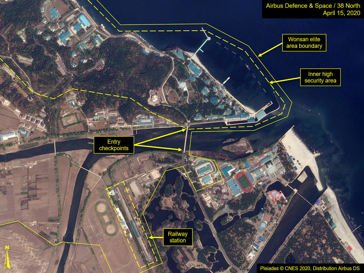 What is described by Washington-based North Korea monitoring project 38 North as a leadership train station servicing North Korean leader Kim Jong Un's Wonsan complex is seen in a satellite image with graphics taken over Wonsan, North Korea April 15, 2020. (Airbus Defence & Space Image/Handout via REUTERS)