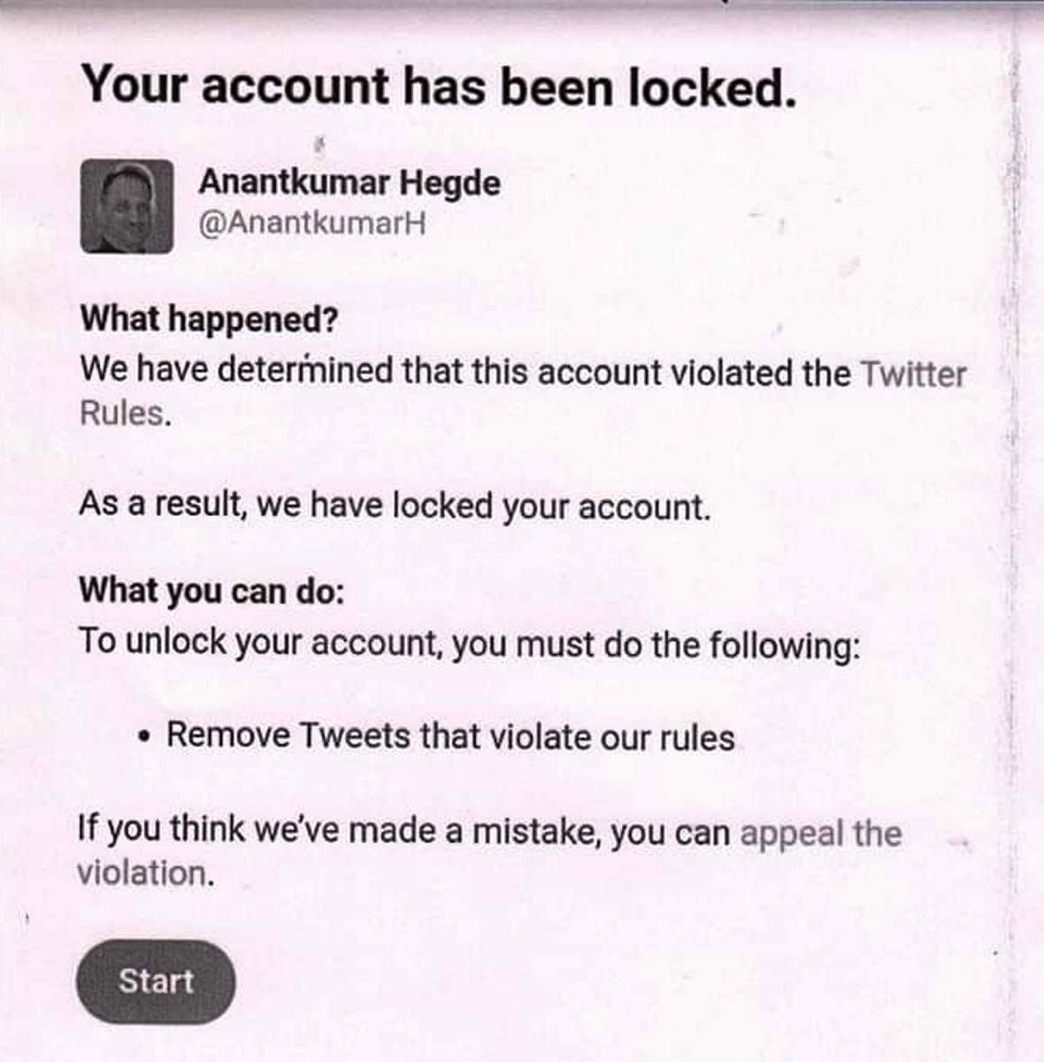 A screenshot of the notice sent by Twitter to Ananthkumar Hegde.