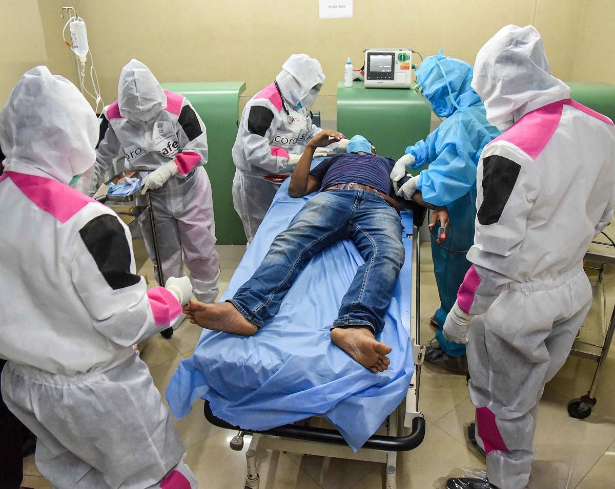 Medics undergo a mock-drill to treat COVID-19 patients (PTI Photo)