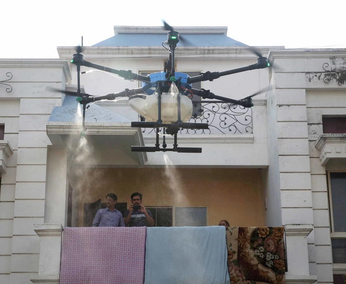 Drone to spray disinfectant (PTI Photo)