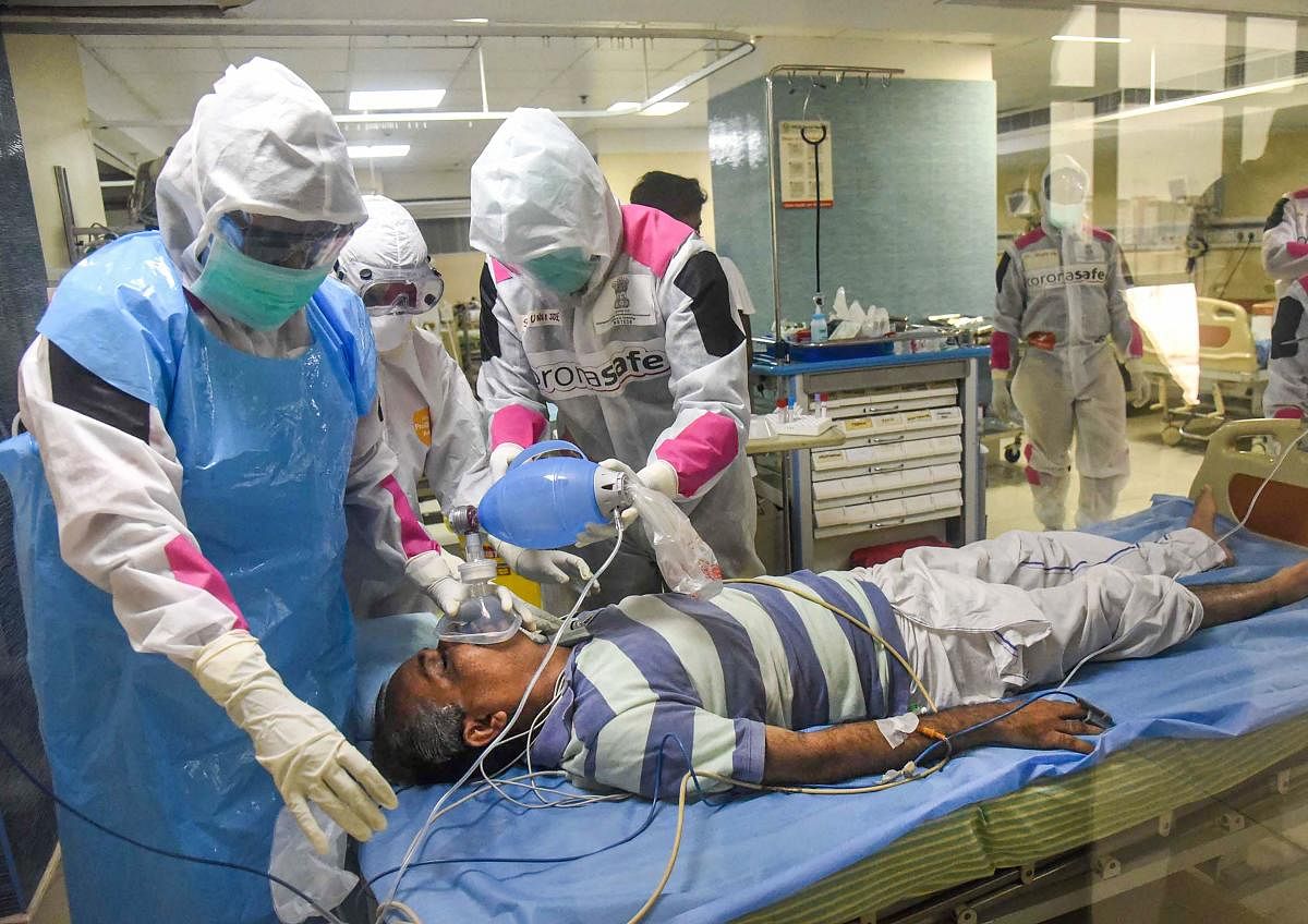 Medics undergo a mock-drill to treat COVID-19 patients (PTI Photo)