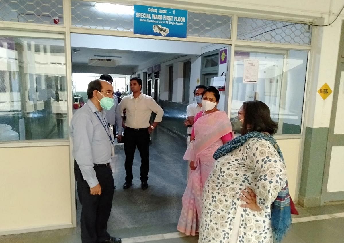 District in-charge secretary Uma Mahadevan inspects isolation ward at R L Jalappa Hospital and Research Centre in Kolar on Tuesday.