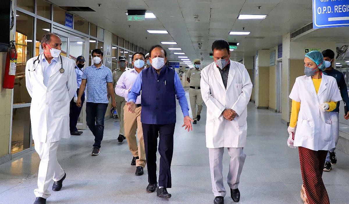 Union Minister for Health & Family Welfare, Science & Technology and Earth Sciences, Dr. Harsh Vardhan visits Lok Nayak Jaiprakash Narayan Hospital to take stock of preparedness to overcome COVID-19, in New Delhi, Saturday, April 4, 2020. (PIB/PTI Photo)