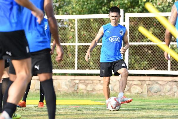 Bengaluru FC's Sunil Chhetri sweats it out during a training session on the eve of their match against Kerala Blasters. BFC media