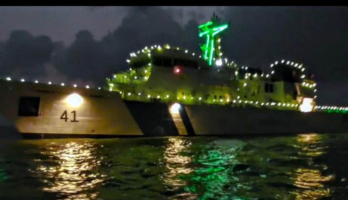 Indian Coast Guard personnel thanked Covid-19 warriors by illuminating ships at New Mangalore port in Panambur in Mangaluru on Sunday night.