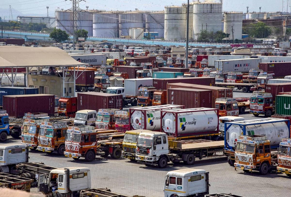 Trailer trucks parked at Jawaharlal Nehru Port Trust (JNPT) at Uran during the nationwide lockdown in wake of the coronavirus pandemic, in Navi Mumbai, Tuesday, April 28, 2020. (PTI Photo)