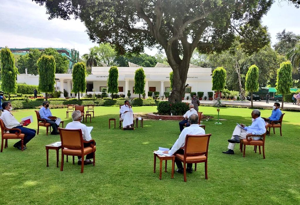 During the hour-long meeting with the Secretary General and other senior officials, the chairman discussed the oath-taking of new members elected unopposed, electing chairpersons of standing committees that have fallen vacant after retirement of members, physical distancing and safety norms and saving resources. Credit: Twitter (VPSecretariat)