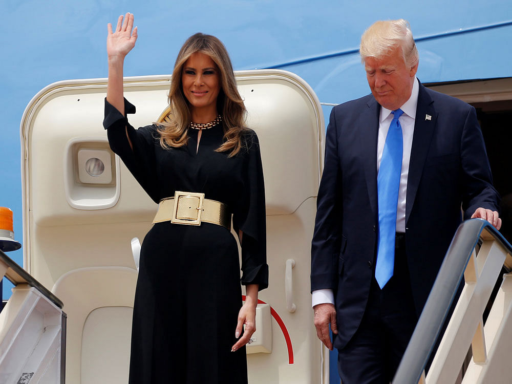 Melania Trump landed in the Middle East with Donald Trump, sans the traditional headscarf worn in the region. Photo credit: Reuters.