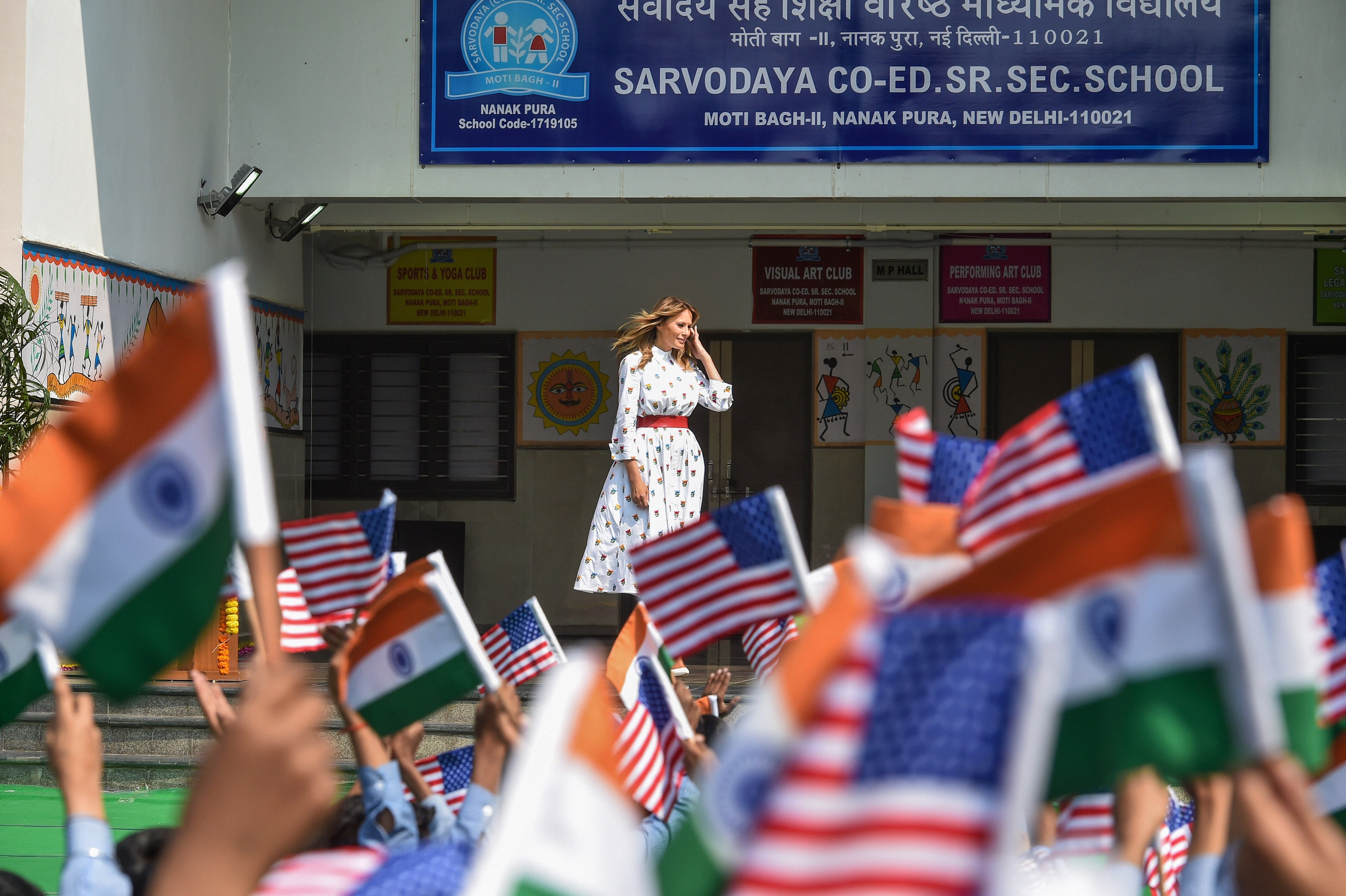 US First Lady Melania Trump during her visit to a government school in New Delhi. (PTI Photo)