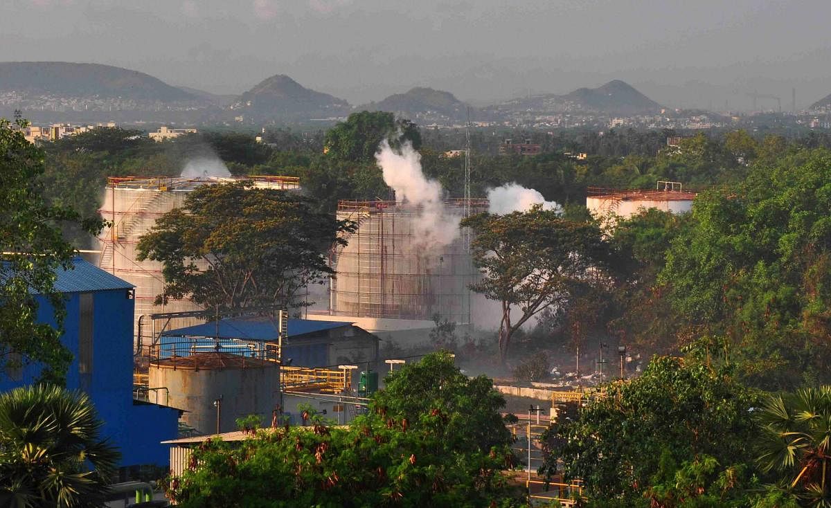 Vapour billows out from LG Polymers industry after a major chemical gas leak, in RR Venkatapuram village, Visakhapatnam, Thursday, May 07, 2020. So far 11 people have died and 1,000 others exposed to the gas leak. (PTI Photo)