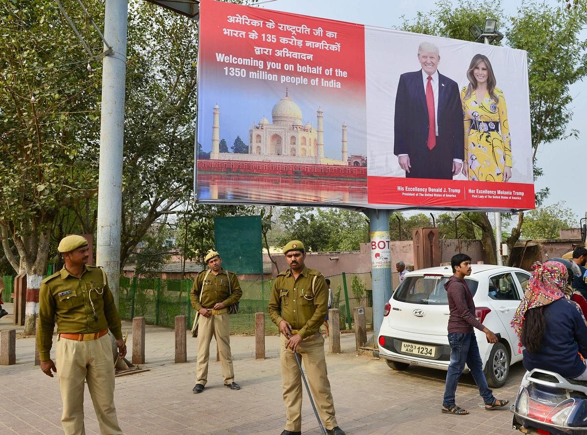 Central Industrial Security Force personnel patrol a street leading to Taj Mahal ahead of US President Donald Trump’s maiden visit to India, in Agra, Saturday, Feb 22, 2020. Credit: PTI Photo