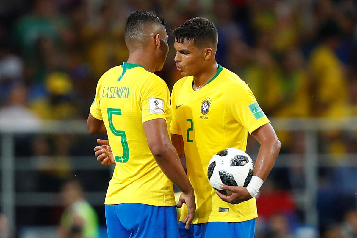 World Cup - Group E - Serbia vs Brazil - Spartak Stadium, Moscow, Russia - June 27, 2018 Brazil's Thiago Silva celebrates victory with Casemiro after the match. Reuters