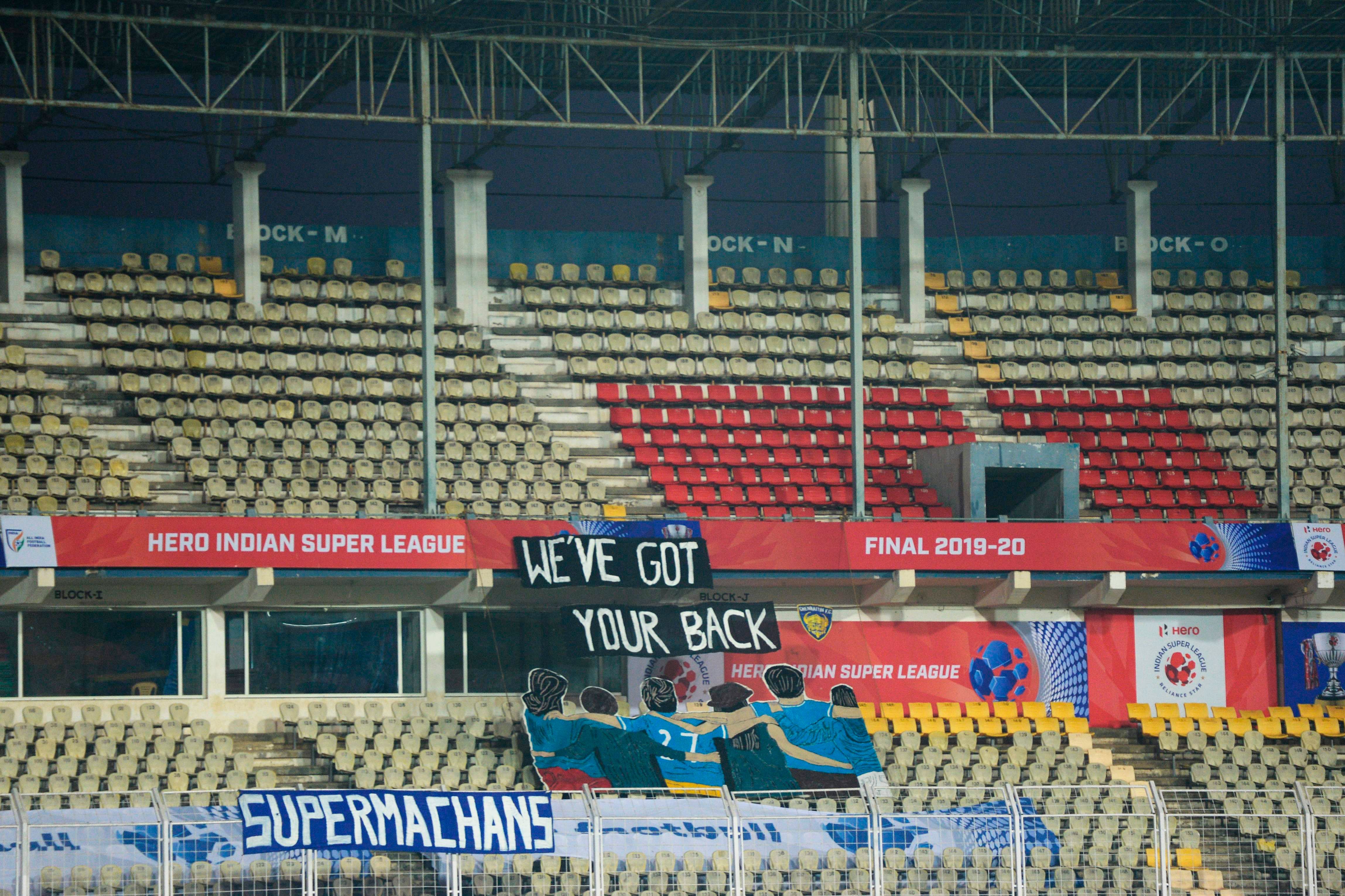 Empty spectators enclosures are pictured amid concerns over the spread of the COVID-19 novel coronavirus, before the start of the final match between Chennaiyin FC and ATK FC at the Indian Super League (ISL) football tournament, in Goa. (AFP photo)