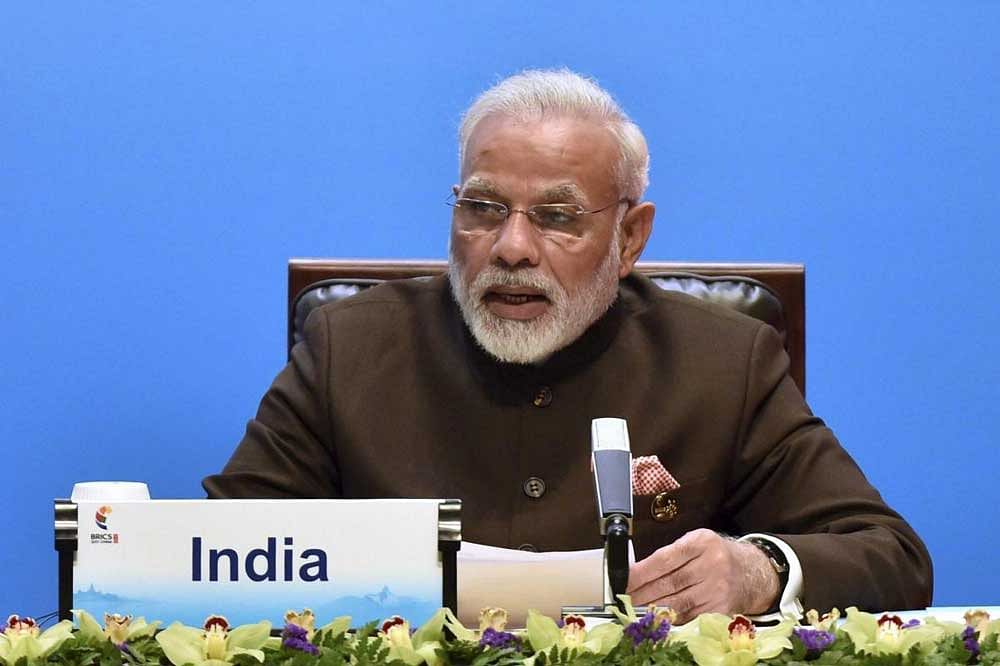 Indian Prime Minister Narendra Modi delivers the speech ahead of the signing ceremony of BRICS Business Council at the BRICS Summit in Xiamen, Fujian province in China. AP/PTI