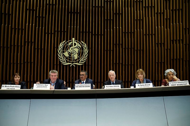 Tedros Adhanom Ghebreyesus, Director General of the World Health Organization (WHO), 3rd left, with other members of the WHO panel, facing the media about the response to the COVID-19 virus outbreak, at the World Health Organization (WHO) headquarters in Geneva, Switzerland. (PTI Photo)