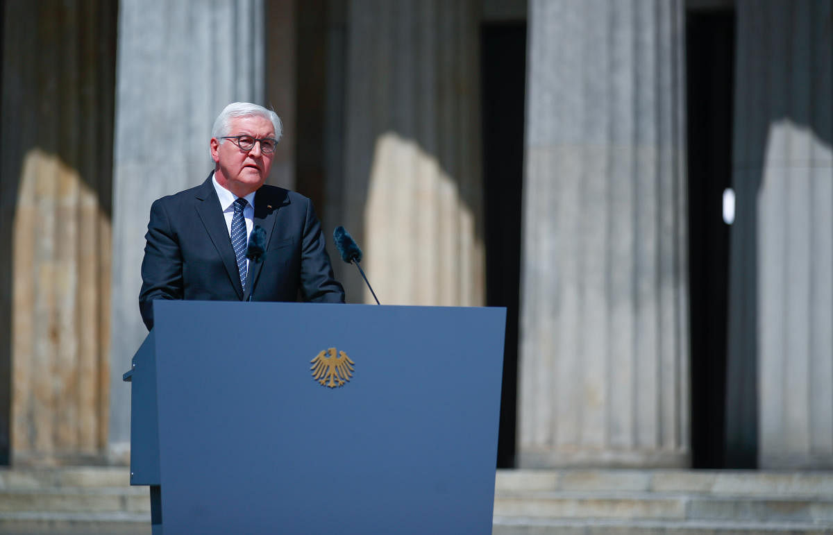 German President Frank-Walter Steinmeier gives a speech during a wreath laying ceremony to mark the 75th anniversary of the end of World War Two, at the Neue Wache Memorial in Berlin. Reuters