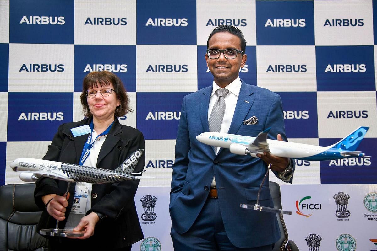 President and Managing Director of Airbus India and South Asia, Anand Stanley (R), and Francoise Crosnier, Head of Airline Marketing for Europe, Middle East Africa, South Asia and Latin America. (PTI Photo)