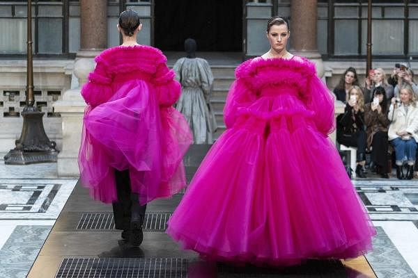 Models present creations from designer Molly Goddard during her 2019 Autumn / Winter collection catwalk show at London Fashion Week at the Durbar Court, Foreign and Commonwealth Office, in London on February 16, 2019. (Photo by NIKLAS HALLE'N / AFP)
